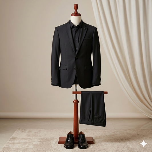 Black suit on a wooden mannequin stand with a plain background