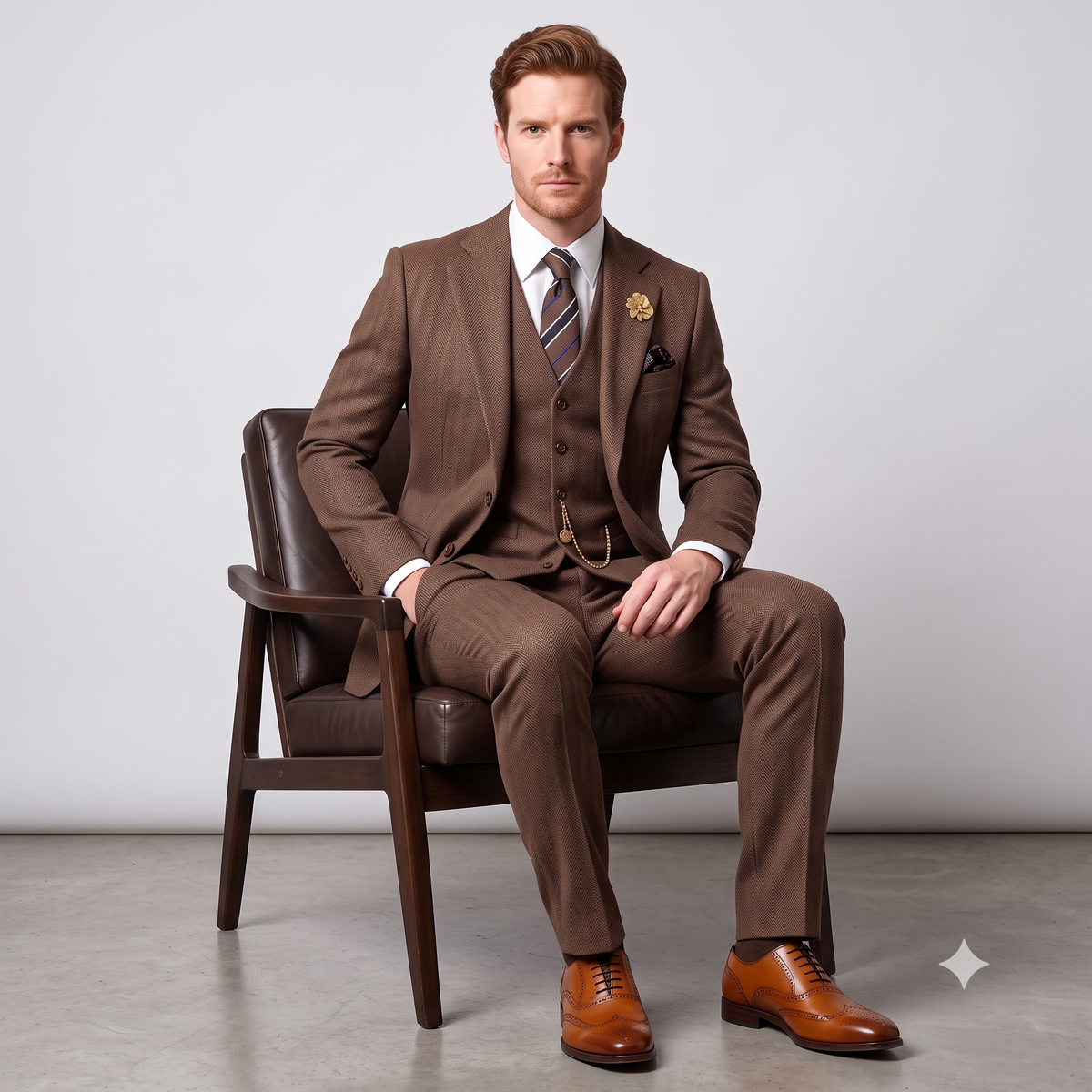 A man wearing a brown three-piece suit, white dress shirt, striped tie, and brown leather dress shoes, seated in a dark wood armchair against a light gray studio background.