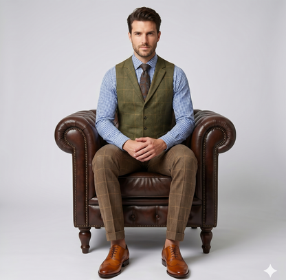 Man sitting on a brown leather armchair wearing a green vest, blue checkered shirt, and brown trousers.