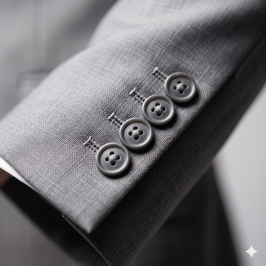 Close-up of a gray suit with buttons and embroidered text on a blurred background