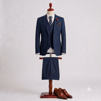 A navy blue three-piece suit displayed on a mannequin torso stand, styled with a white dress shirt, striped tie, floral pocket square, and brown leather oxford dress shoes on a wooden stand against a light gray studio background.