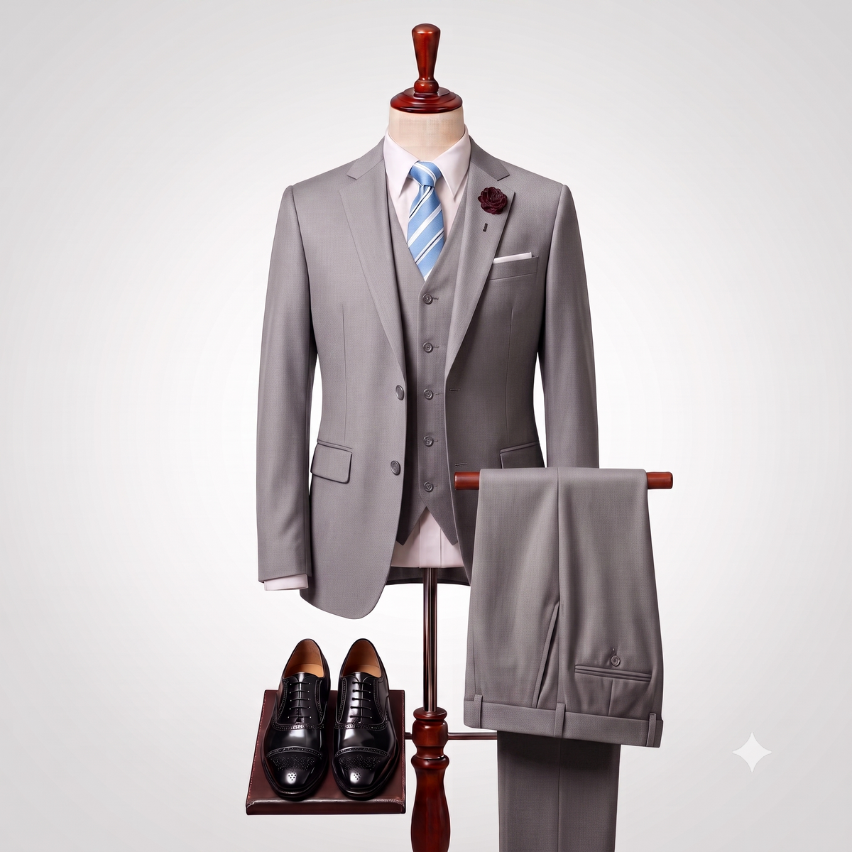 A light gray three-piece suit displayed on a mannequin, styled with a white dress shirt, a blue and white striped tie, a matching gray vest, folded trousers hanging on a stand, and black dress shoes on a small platform against a light gray background.