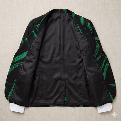 Black jacket with green leaf patterns on a beige background
