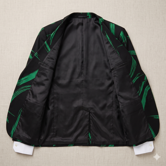Black jacket with green leaf patterns on a beige background