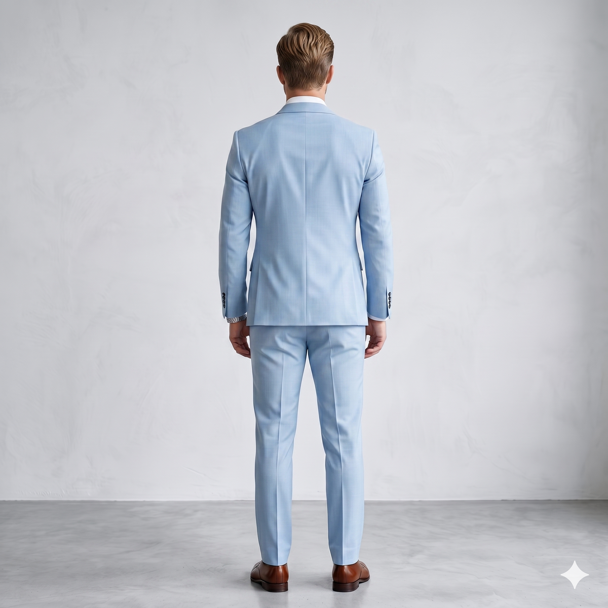 Man wearing a light blue suit standing against a plain background