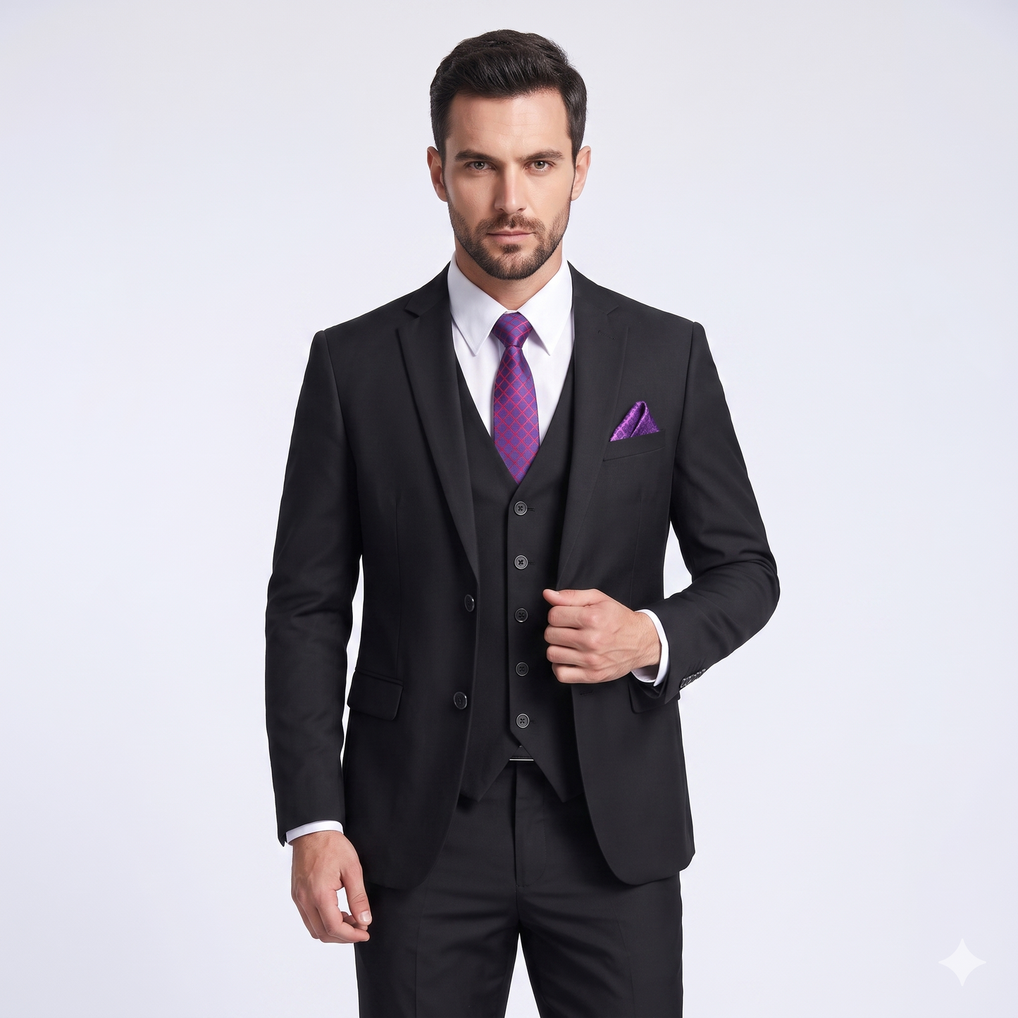 Man wearing a black suit with a purple tie and pocket square on a white background