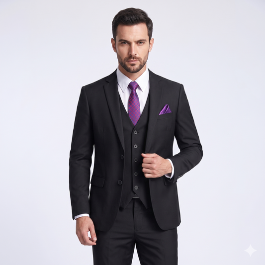 Man wearing a black suit with a purple tie and pocket square on a white background