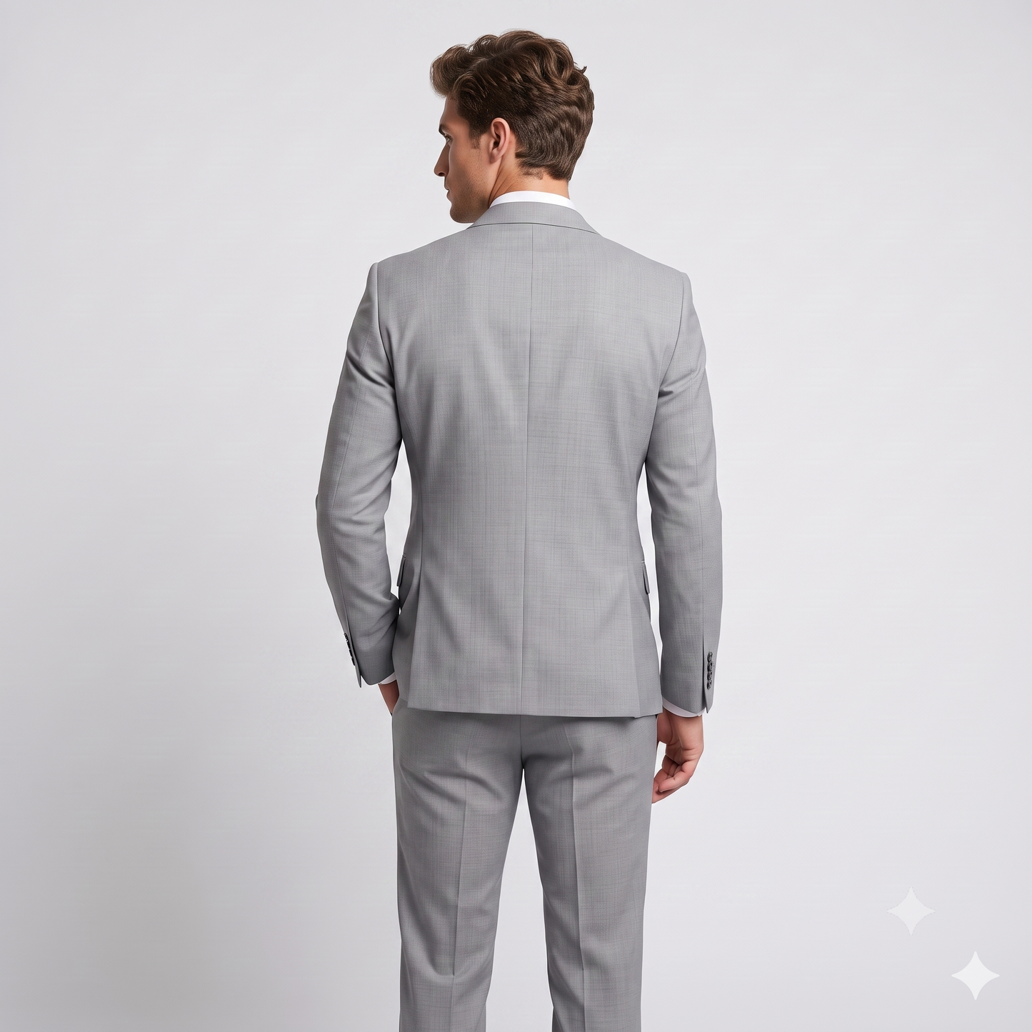 Man wearing a gray suit on a light gray background