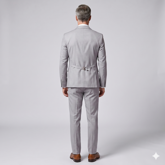 Man wearing a gray suit on a light gray background
