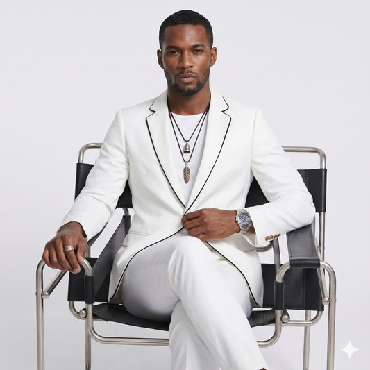 Man in a white suit sitting on a chair against a plain background