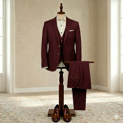 Burgundy suit on a mannequin with a neutral background