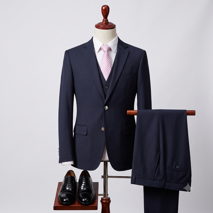 Navy suit with pink tie on a mannequin, paired with black shoes on a white background
