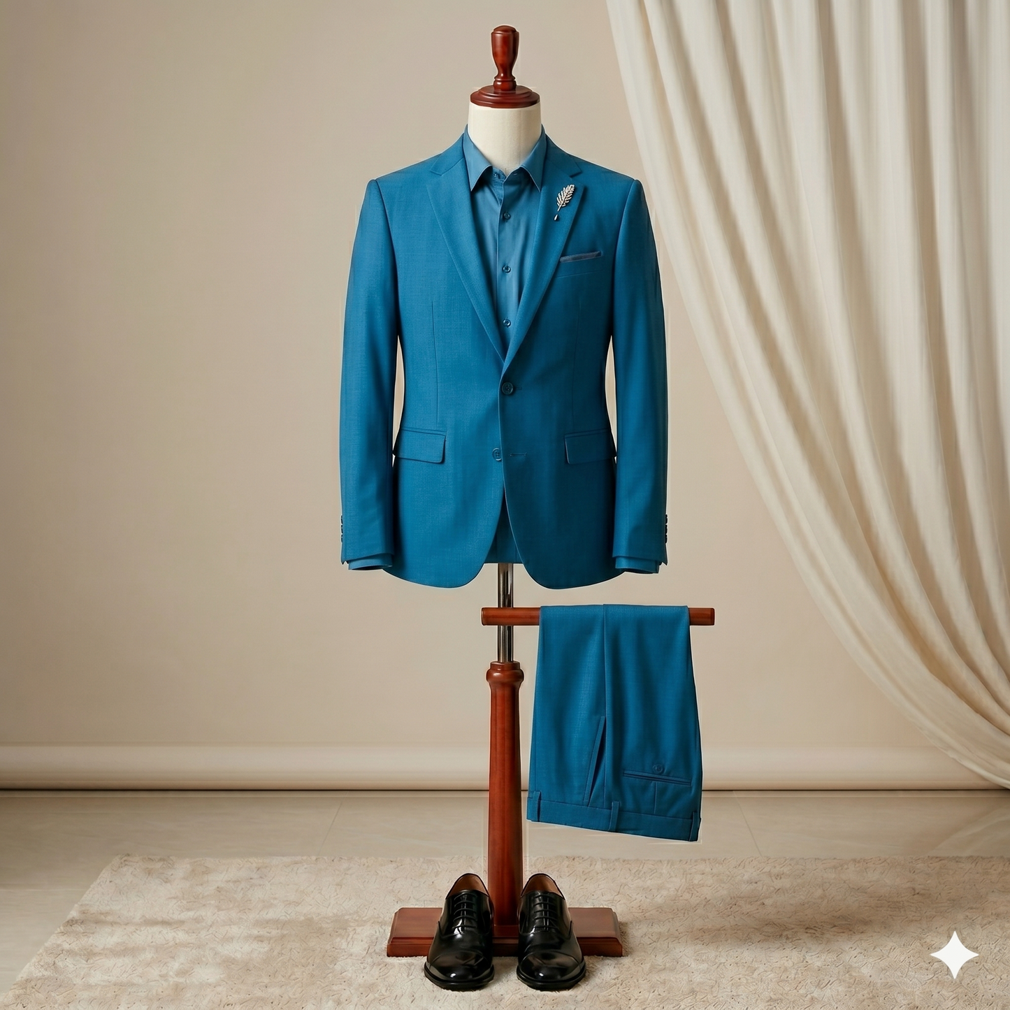 Blue suit on a mannequin with pants hanging below against a beige wall.