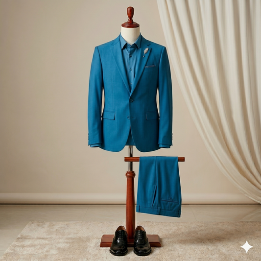 Blue suit on a mannequin with pants hanging below against a beige wall.