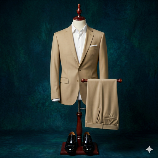 Beige suit on a mannequin with a blue background