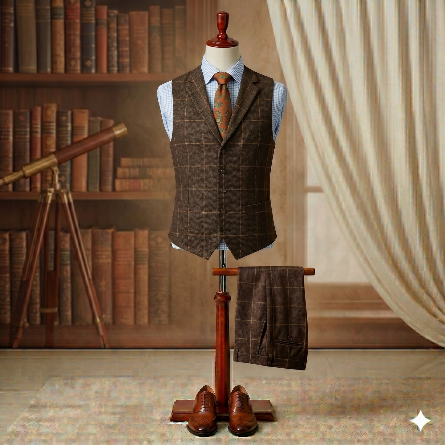 Mannequin wearing a brown checkered suit with a tie in a room with books and a telescope.
