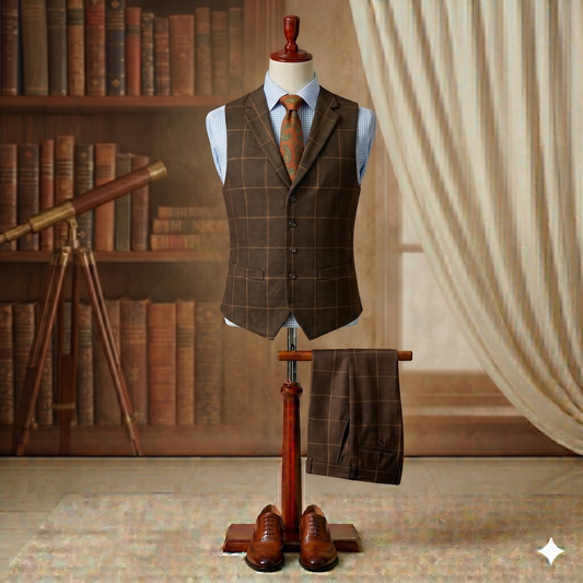 Mannequin wearing a brown checkered suit with a tie in a room with books and a telescope.