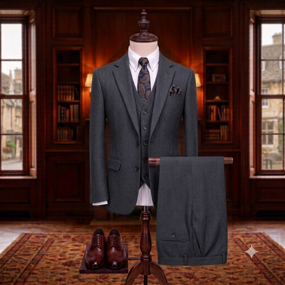 Gray suit on a mannequin with shoes in a room with wooden walls and windows.