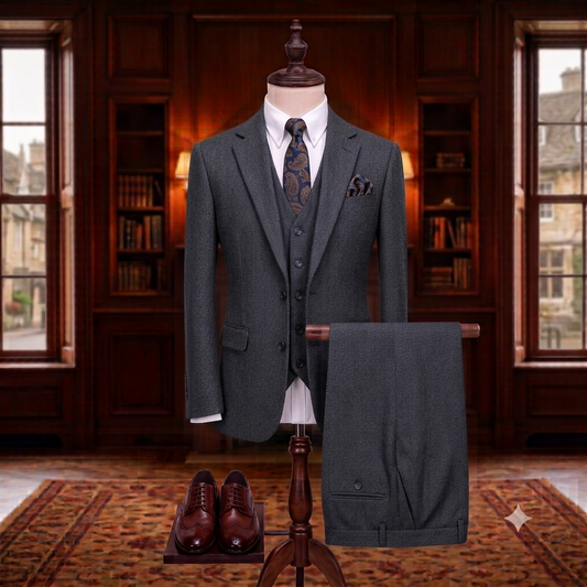 Gray suit on a mannequin with shoes in a room with wooden walls and windows.