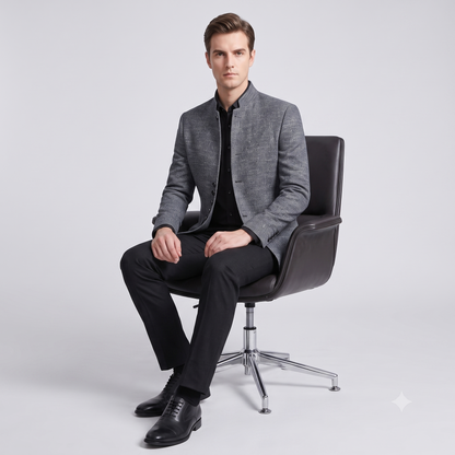 Man sitting on a black chair wearing a gray blazer and black pants against a light gray background