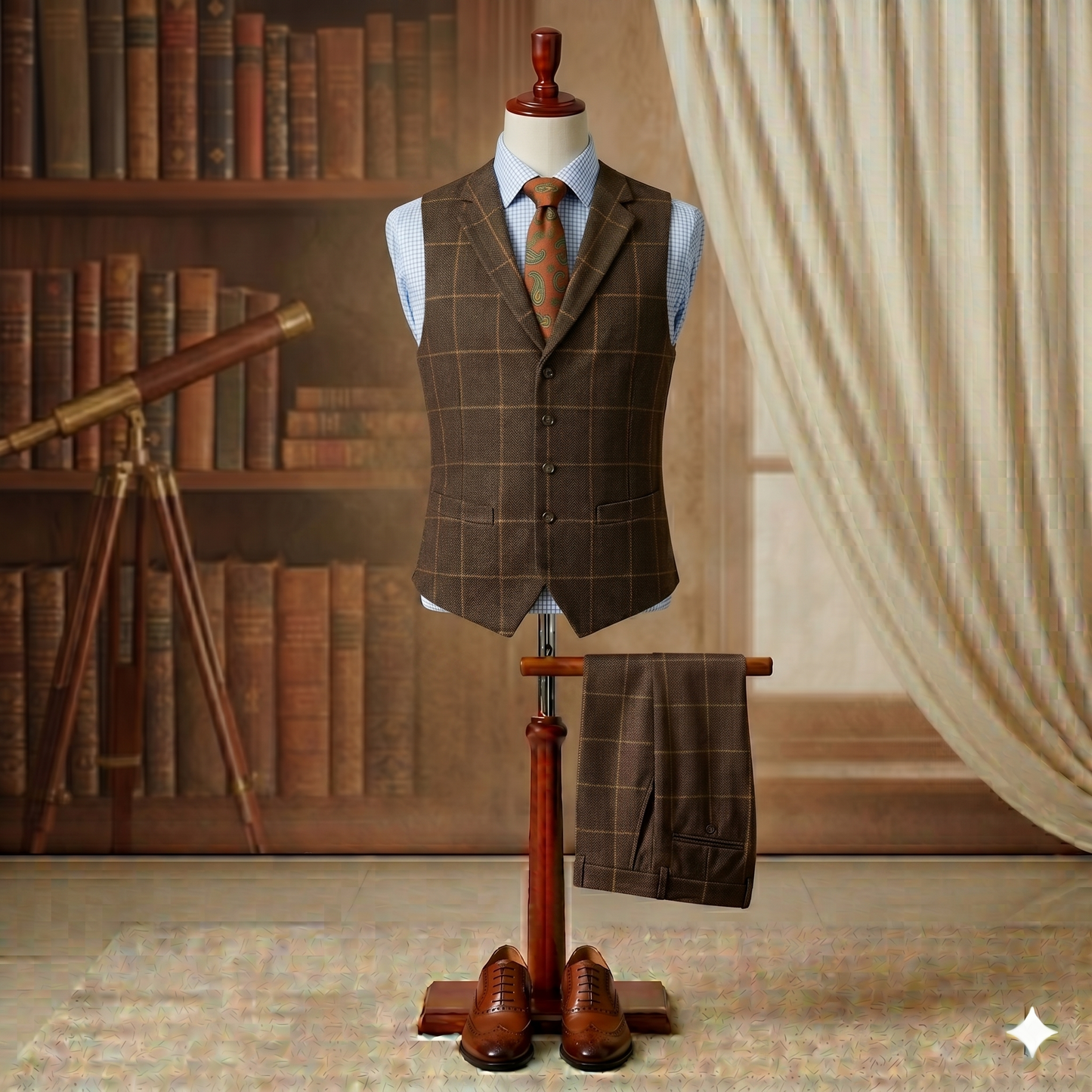 Mannequin wearing a brown checkered suit with a tie in a room with books and a telescope.