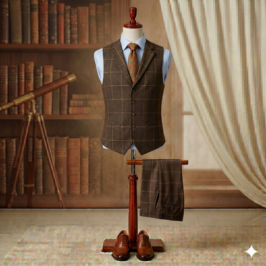 Mannequin wearing a brown checkered suit with a tie in a room with books and a telescope.