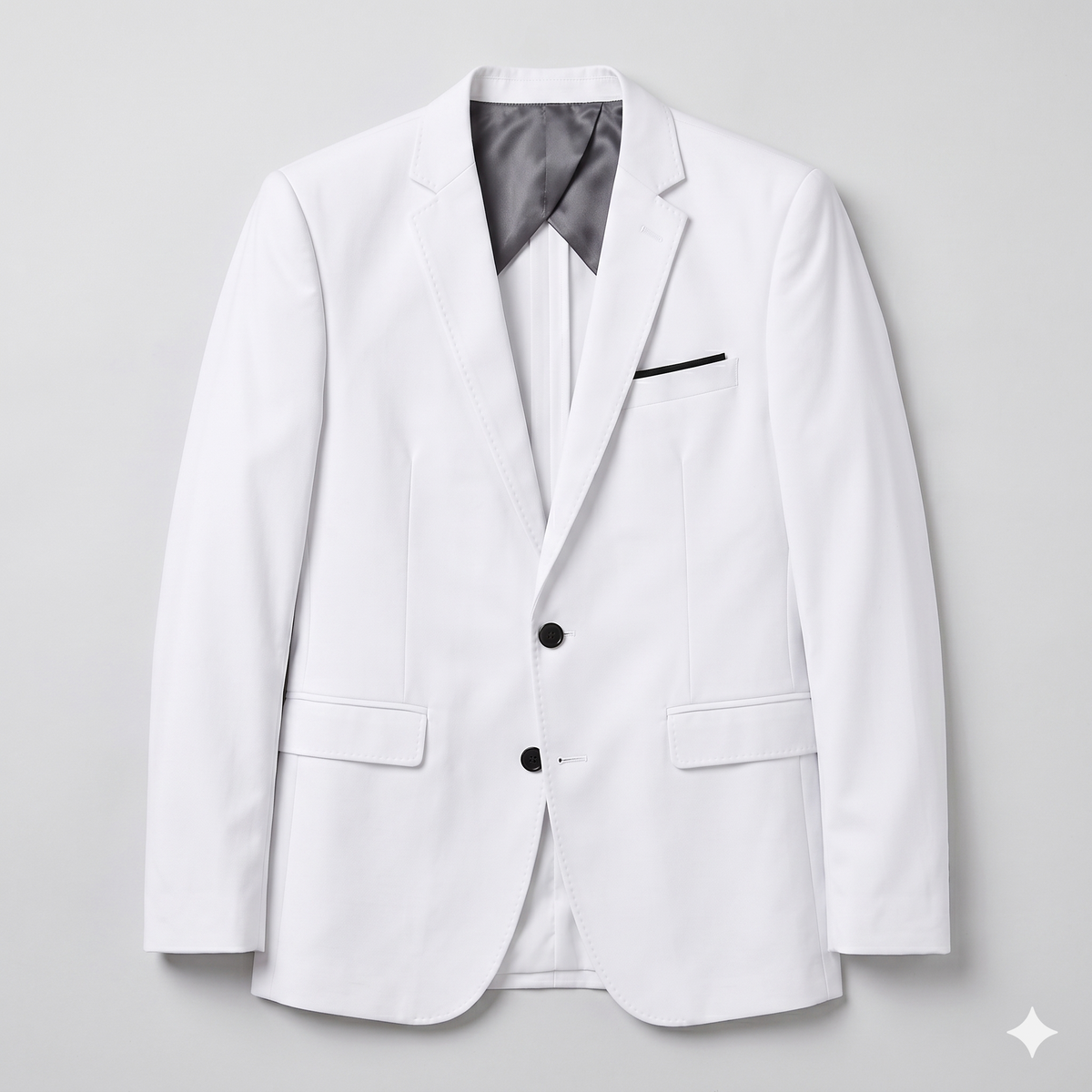 White blazer with black accents on a light gray background
