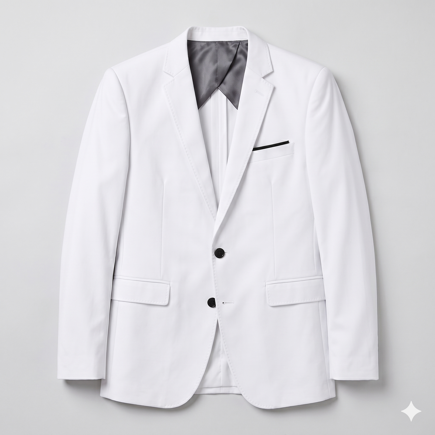 White blazer with black accents on a light gray background