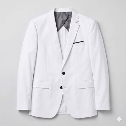 White blazer with black accents on a light gray background