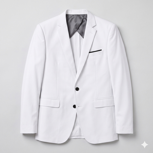 White blazer with black accents on a light gray background