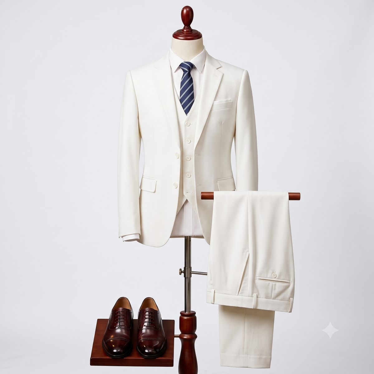 An off-white three-piece suit displayed on a mannequin, styled with a blue striped tie, matching trousers hanging on a stand, and dark brown dress shoes on a small wooden platform against a light gray background.