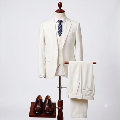 An off-white three-piece suit displayed on a mannequin, styled with a blue striped tie, matching trousers hanging on a stand, and dark brown dress shoes on a small wooden platform against a light gray background.