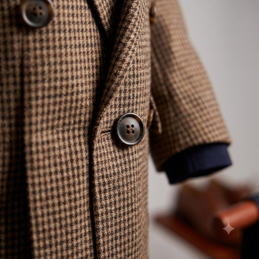 Close-up of a brown and beige houndstooth patterned coat with dark brown buttons and a navy blue ribbed cuff, shown on a mannequin or dress form against a soft neutral background.