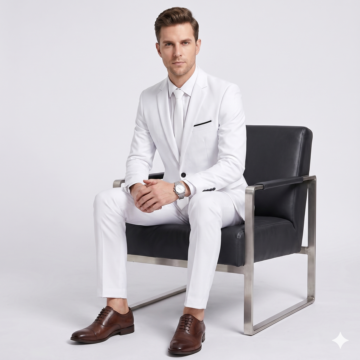 Man in a white suit sitting on a black chair against a white background