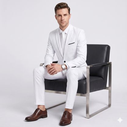 Man in a white suit sitting on a black chair against a white background