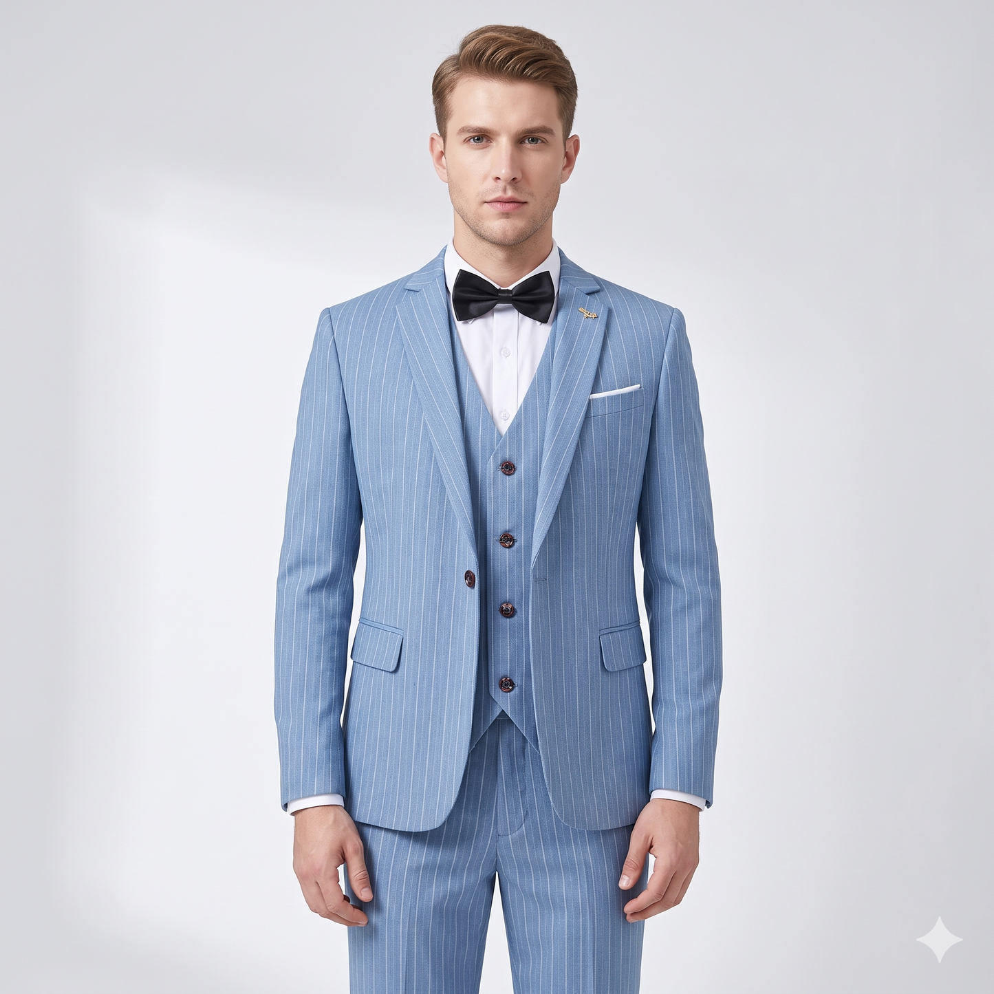 Man wearing a light blue pinstripe suit with a black bow tie on a white background