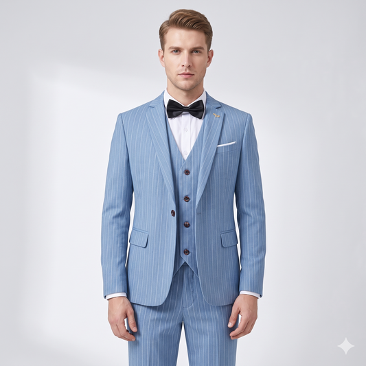 Man wearing a light blue pinstripe suit with a black bow tie on a white background