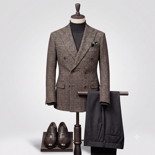 A tailored double-breasted blazer in a brown and beige micro-check pattern is displayed on a mannequin, paired with a black turtleneck, matching dark trousers draped over a stand, and dark brown dress shoes on a small pedestal against a light gray studio background.