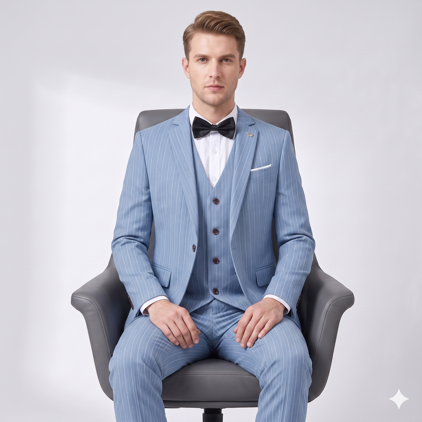 Man sitting in a chair wearing a light blue pinstripe suit with a black bow tie on a white background
