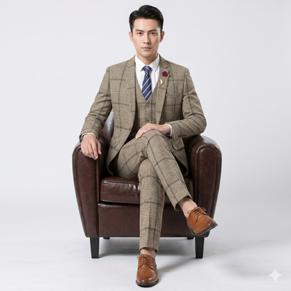 Man in a brown checkered suit sitting on a brown leather chair against a white background