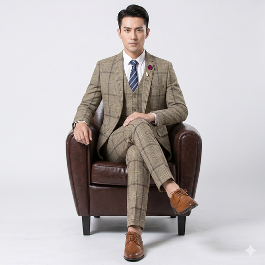 Man in a brown checkered suit sitting on a brown leather chair against a white background