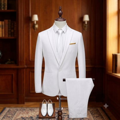 White suit on a mannequin with shoes in a room with wooden walls and bookshelves.