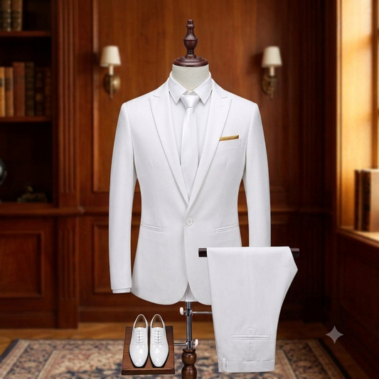 White suit on a mannequin with shoes in a room with wooden walls and bookshelves.