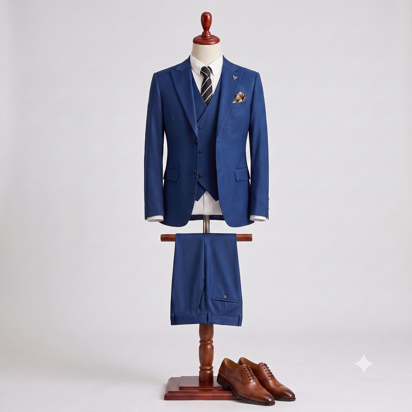 A men's three-piece suit displayed on a wooden dress form against a light gray studio background. The suit is royal blue, including a jacket, matching vest, trousers, white dress shirt, striped tie, and pocket square.