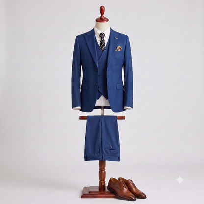 A men's three-piece suit displayed on a wooden dress form against a light gray studio background. The suit is royal blue, including a jacket, matching vest, trousers, white dress shirt, striped tie, and pocket square.