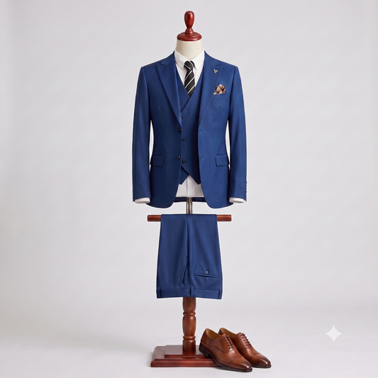 A men's three-piece suit displayed on a wooden dress form against a light gray studio background. The suit is royal blue, including a jacket, matching vest, trousers, white dress shirt, striped tie, and pocket square.