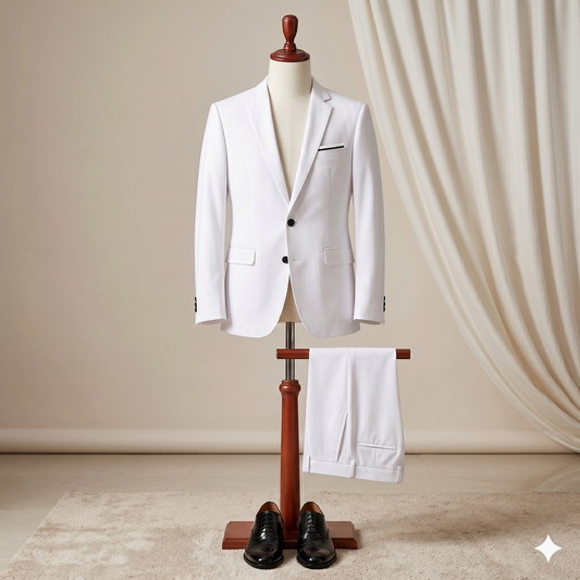 White suit jacket and pants on a wooden mannequin stand with a neutral background