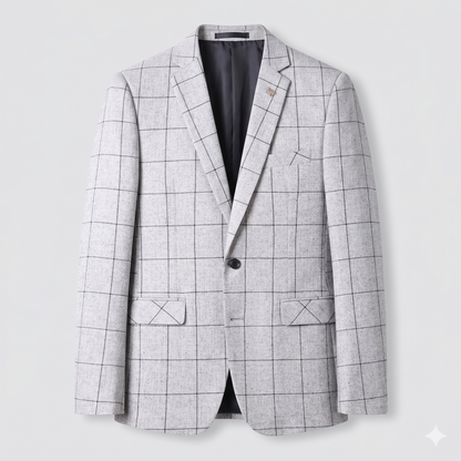 Gray checkered blazer on a light gray background