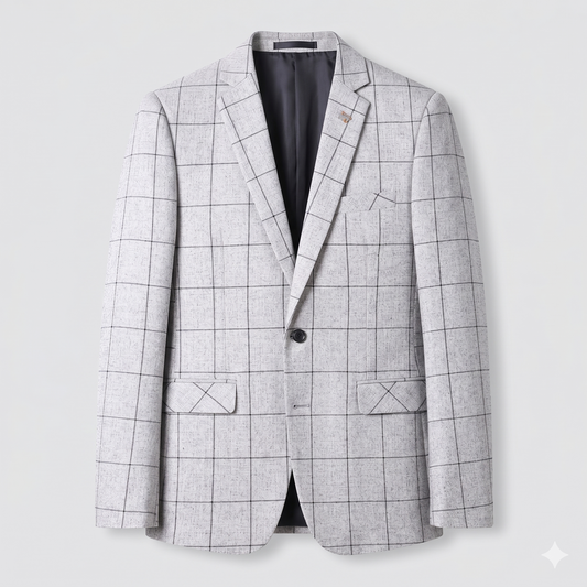 Gray checkered blazer on a light gray background