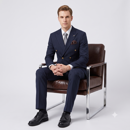 Man in a navy pinstripe suit sitting on a brown leather chair against a white background